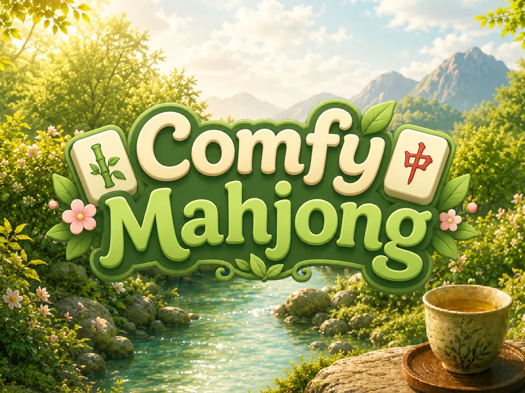 Comfy Mahjong logo over a sunlit river through blossoming greenery, with a teacup resting on a stone
